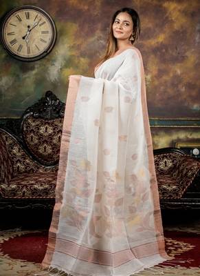 white hand woven linen zari work all seasons sarees 3