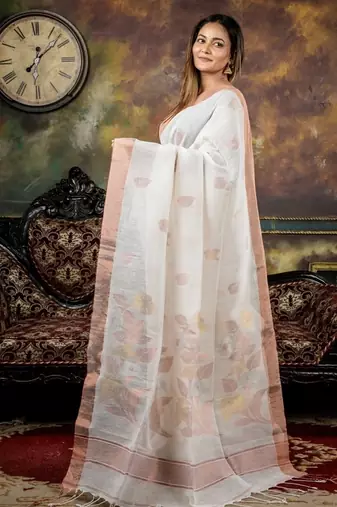 white hand woven linen zari work all seasons sarees