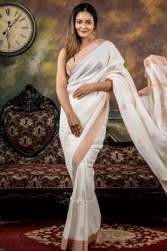 white hand woven linen zari work all seasons sarees