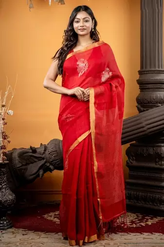 red woven linen zari work all seasons sarees