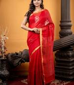 red woven linen zari work all seasons sarees