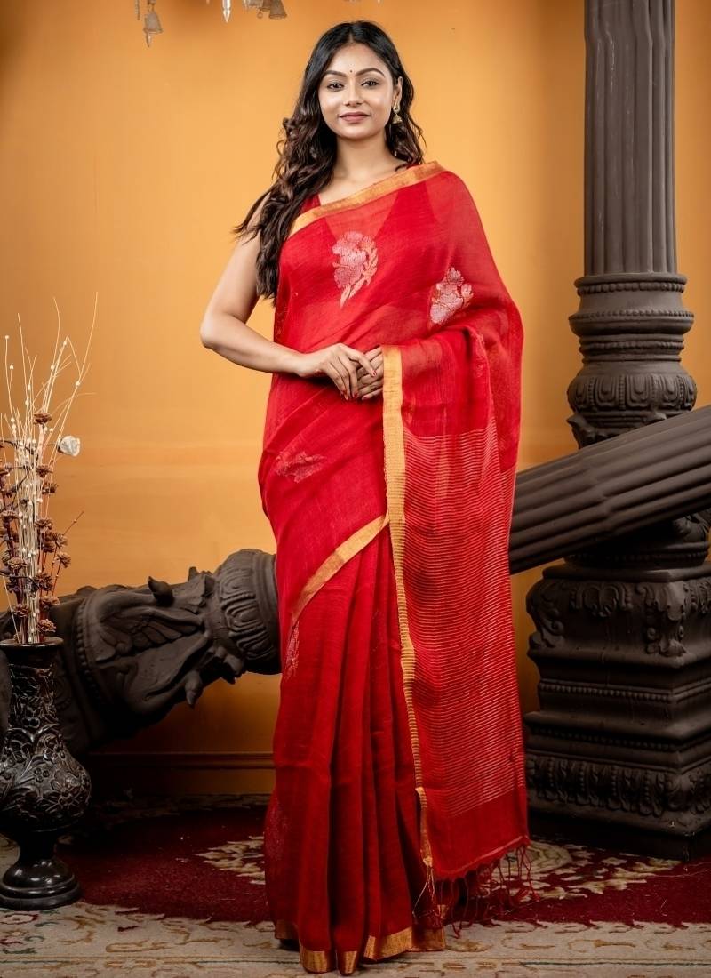 red woven linen zari work all seasons sarees
