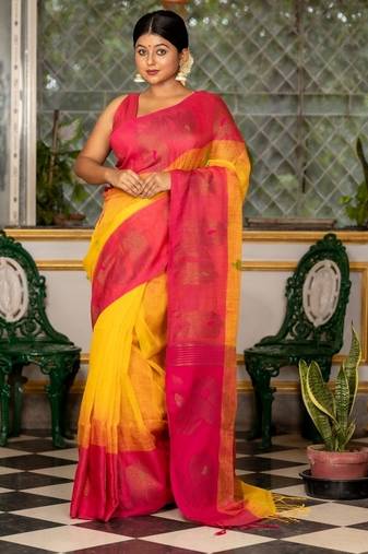 yellow woven linen zari work all seasons sarees