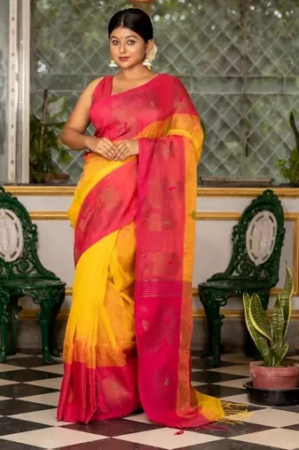 yellow woven linen zari work all seasons sarees