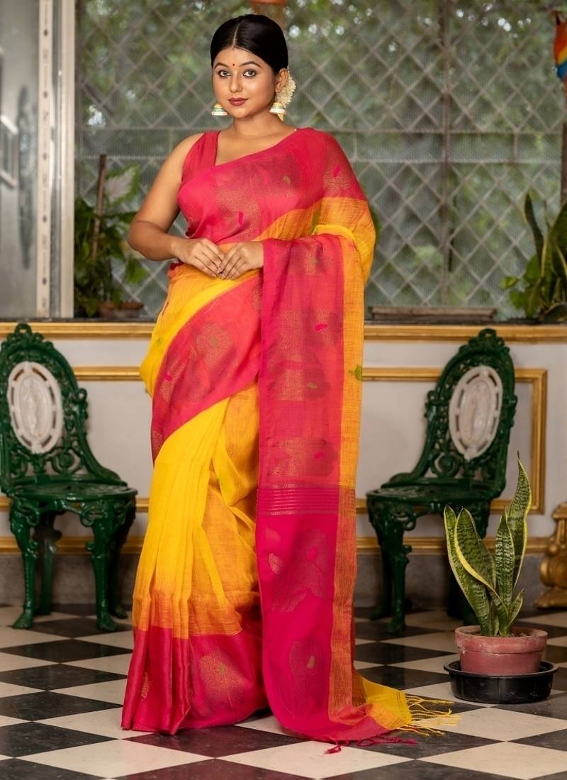 yellow woven linen zari work all seasons sarees