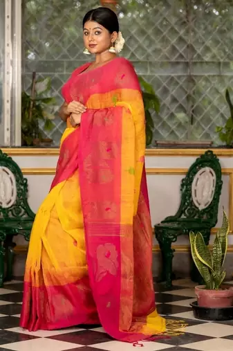 yellow woven linen zari work all seasons sarees