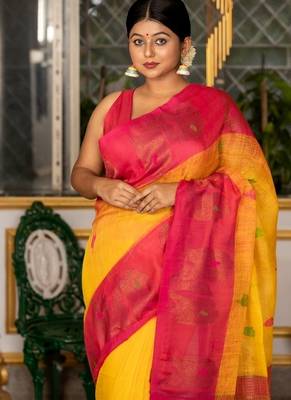 yellow woven linen zari work all seasons sarees 3