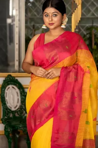yellow woven linen zari work all seasons sarees