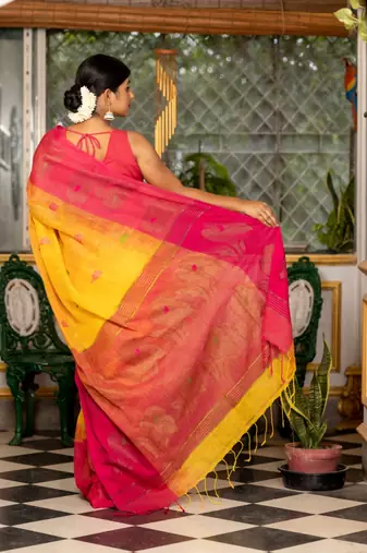 yellow woven linen zari work all seasons sarees