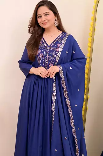 Blue chanderi silk embroidered embroiderd stitched suit
