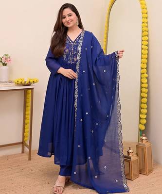 Blue chanderi silk embroidered embroiderd stitched suit 3