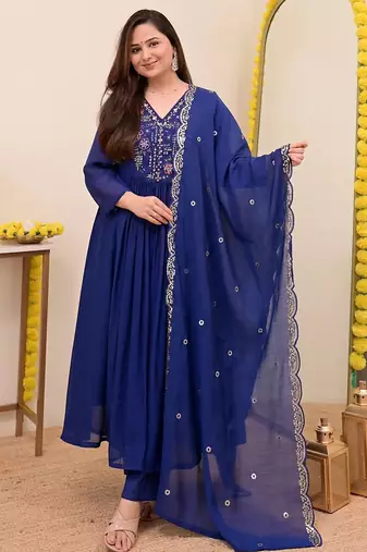 Blue chanderi silk embroidered embroiderd stitched suit