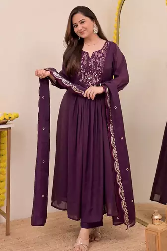Wine chanderi silk embroidered embroiderd stitched suit