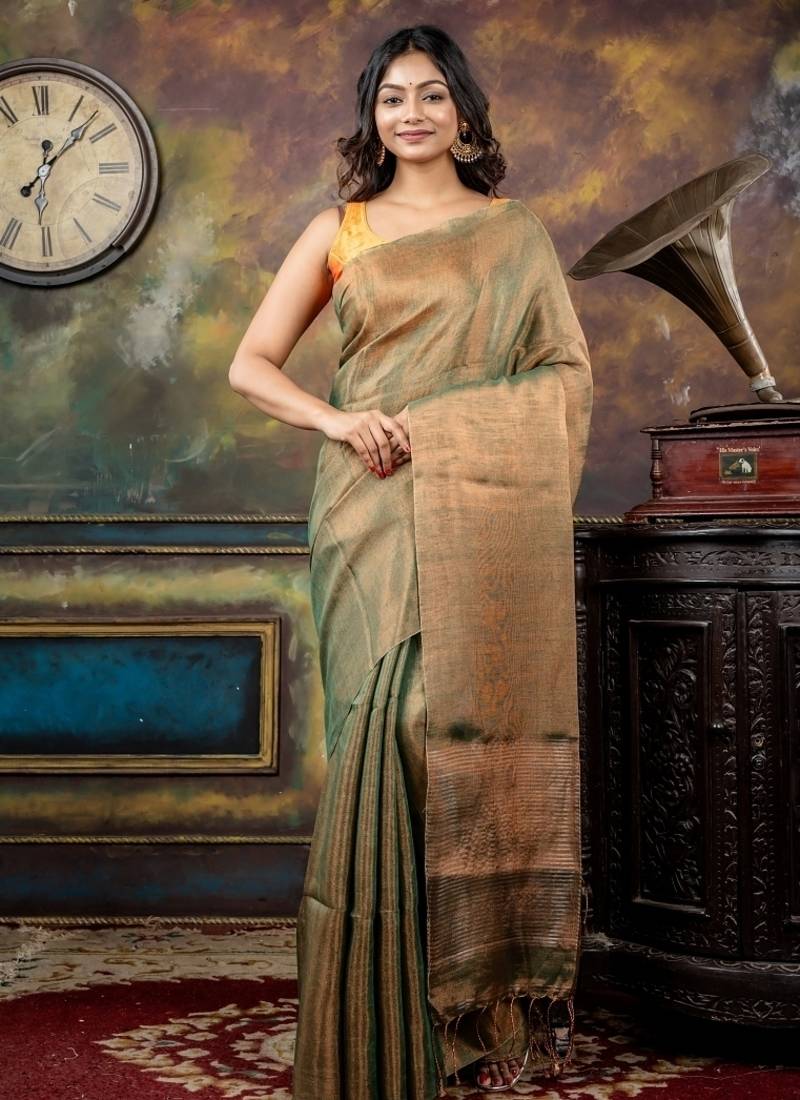 green hand woven linen bengal handloom all seasons sarees
