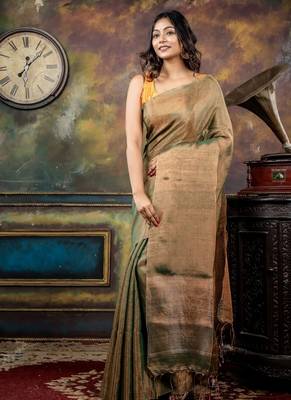 green hand woven linen bengal handloom all seasons sarees 3