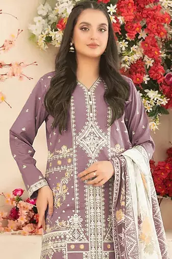 Mauve cotton blended embroidered Readymade suit