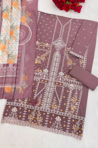 Mauve cotton blended embroidered Readymade suit