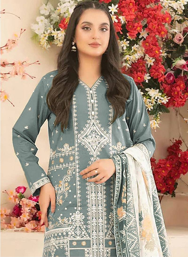 Green cotton blended embroidered Readymade suit