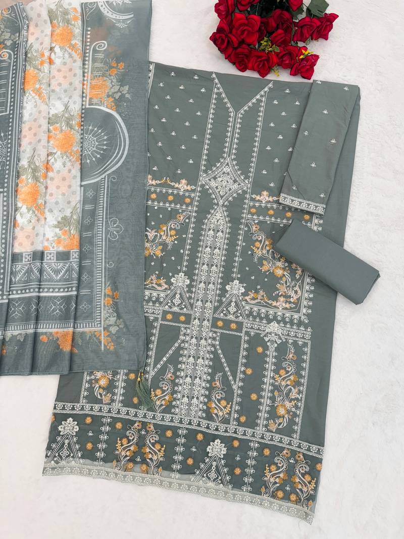 Green cotton blended embroidered Readymade suit
