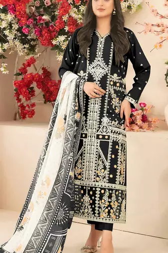 Black cotton blended embroidered Readymade suit