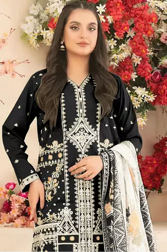 Black cotton blended embroidered Readymade suit
