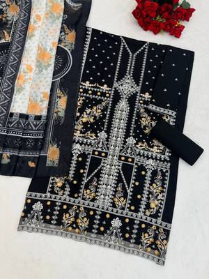 Black cotton blended embroidered Readymade suit 3