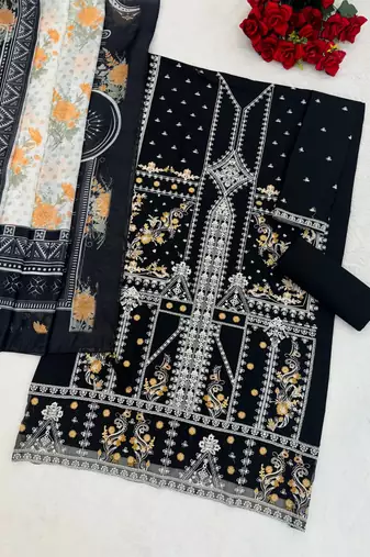Black cotton blended embroidered Readymade suit