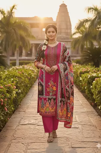 Pink chinon printed ethnic ceremonial suit