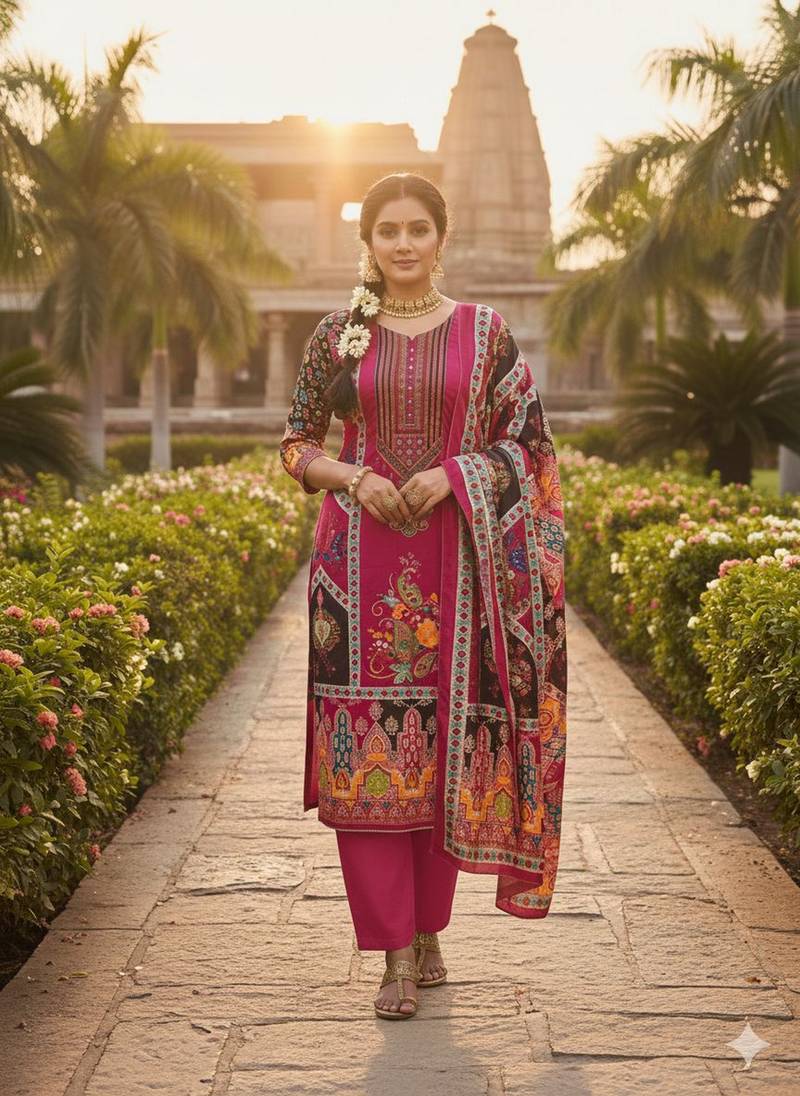 Pink chinon printed ethnic ceremonial suit