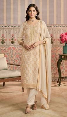 Cream viscose jacquard woven partywear Readymade suit 1