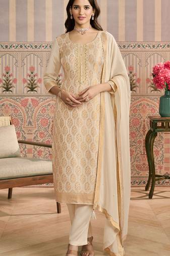 Cream viscose jacquard woven partywear Readymade suit