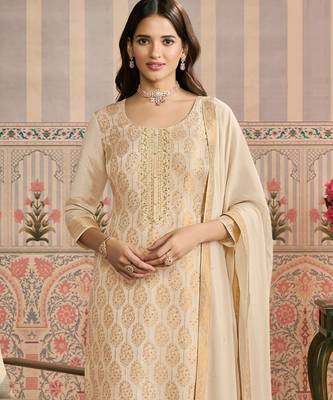 Cream viscose jacquard woven partywear Readymade suit 2