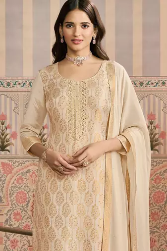 Cream viscose jacquard woven partywear Readymade suit