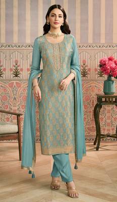 Sky blue viscose jacquard woven partywear Readymade suit 1