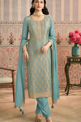 Sky blue viscose jacquard woven partywear Readymade suit