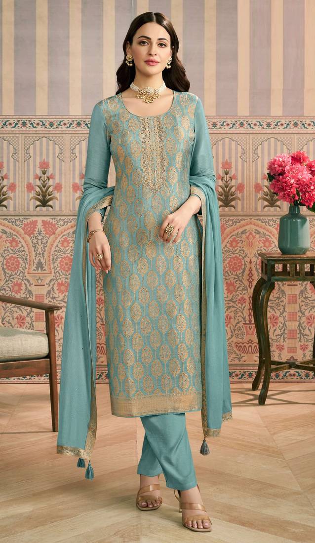 Sky blue viscose jacquard woven partywear Readymade suit