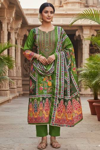 Green chinon printed ethnic ceremonial suit