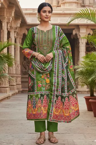 Green chinon printed ethnic ceremonial suit
