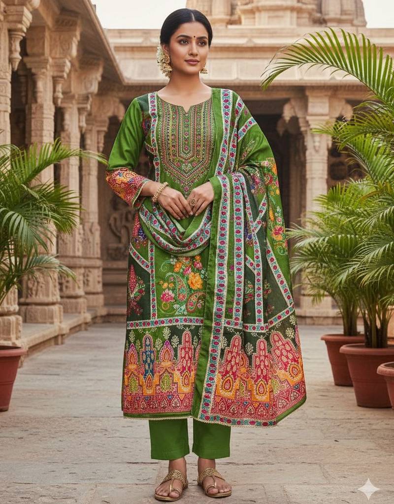 Green chinon printed ethnic ceremonial suit