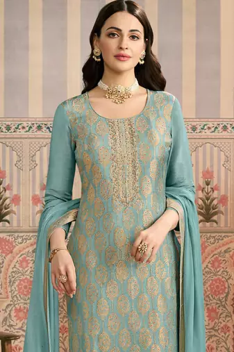 Sky blue viscose jacquard woven partywear Readymade suit