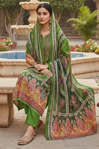 Green chinon printed ethnic ceremonial suit