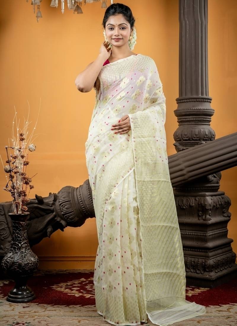 white woven silk blend cotton zari work all seasons sarees