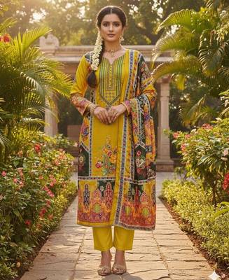 Yellow chinon printed ethnic ceremonial suit 1