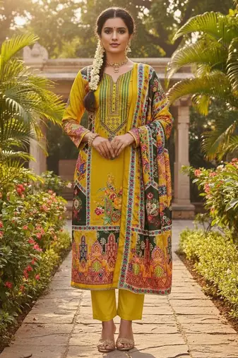 Yellow chinon printed ethnic ceremonial suit