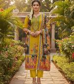 Yellow chinon printed ethnic ceremonial suit