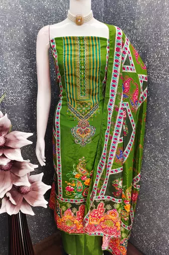 Green chinon printed ethnic ceremonial suit