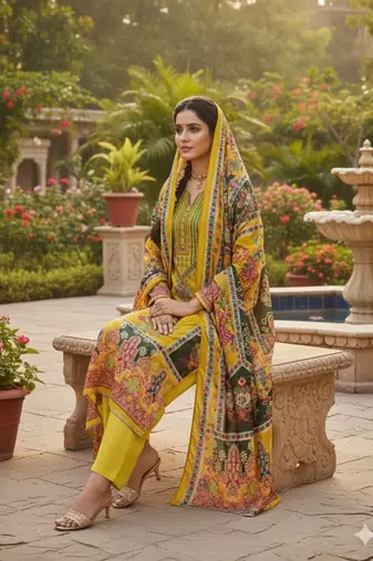 Yellow chinon printed ethnic ceremonial suit