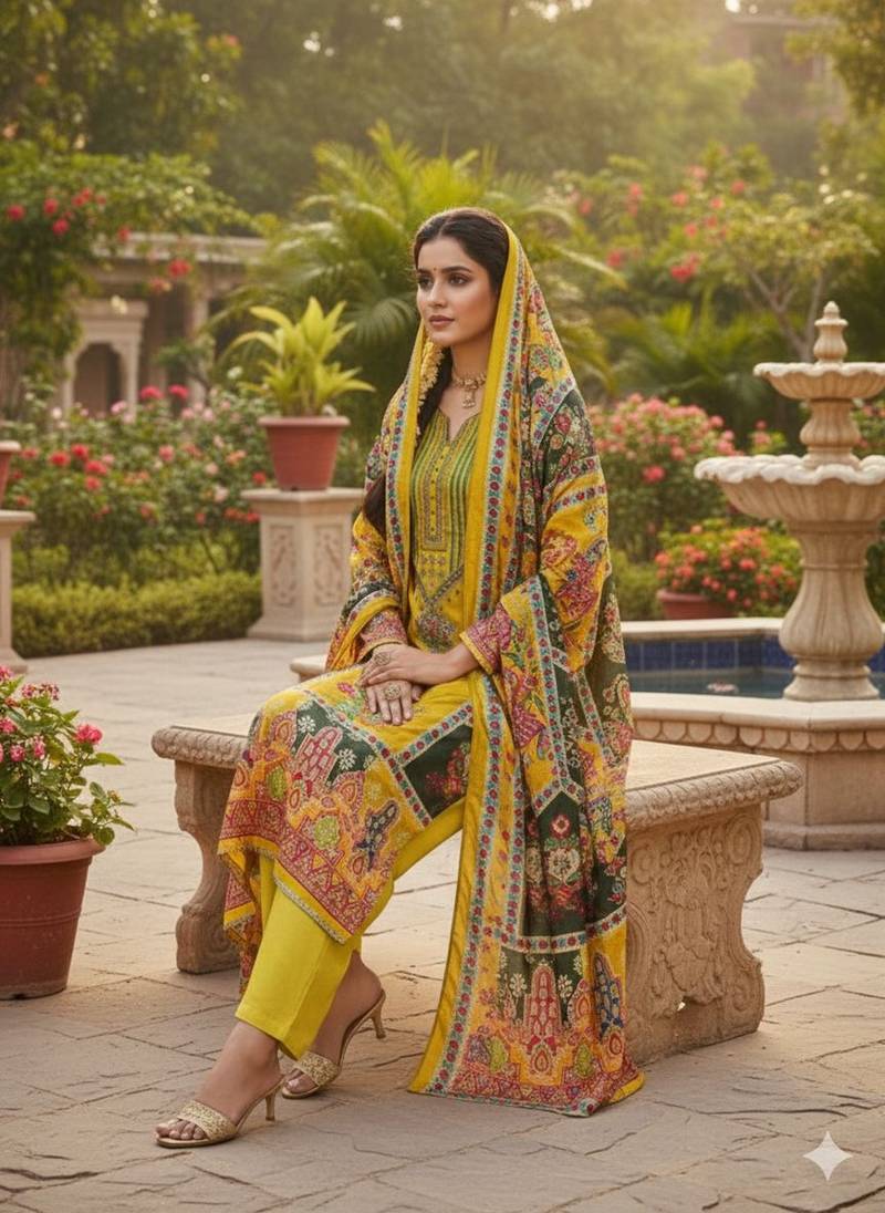 Yellow chinon printed ethnic ceremonial suit