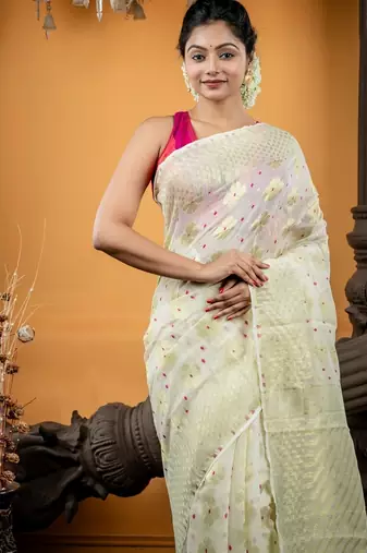 white woven silk blend cotton zari work all seasons sarees