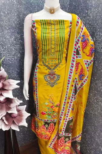 Yellow chinon printed ethnic ceremonial suit